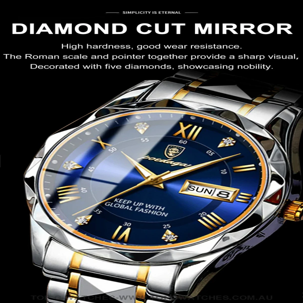 POEDAGAR Diamond Cut Luxury Watch for Man Elegant Date Week Waterproof Luminous Men Watch Quartz Stainless Steel Sports Men's Watches- Sky & Silver